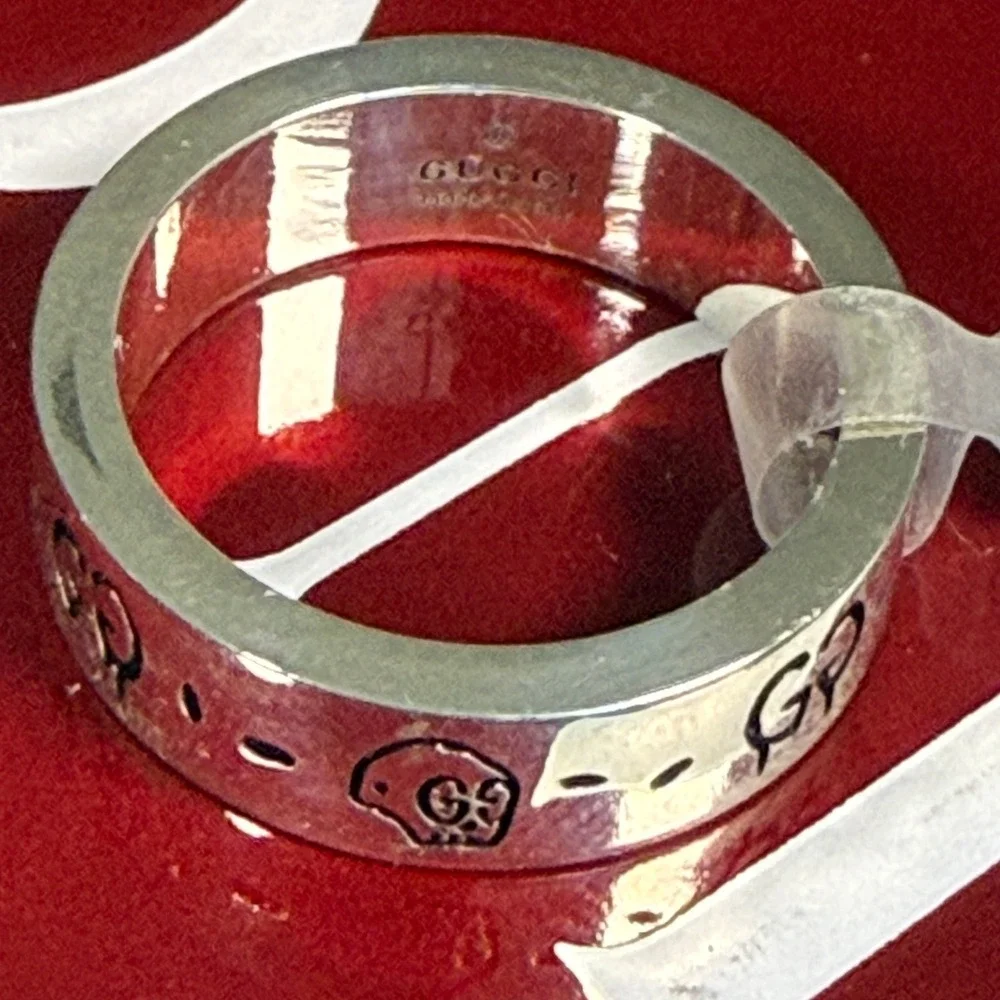 Gucci Ghost Ring Sterling Silver 6mm GG Skull Graffiti Band 477339 Size 16 IT